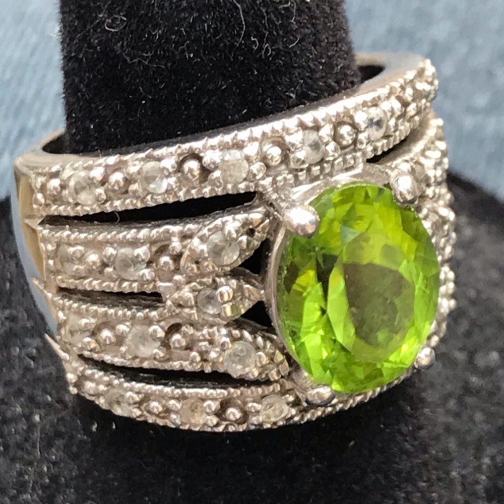 Vintage Sterling Silver Peridot CZ Cocktail Ring Designer Signed Thailand